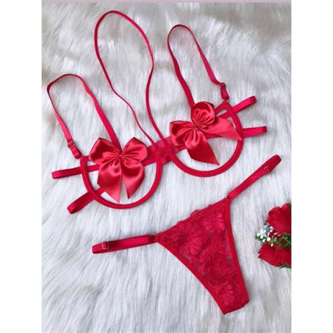 Conjunto Laço Lingerie Sexy Calcinha Fio Renda e Sutiã Aro Luxo Sexy Sensual Dia dos