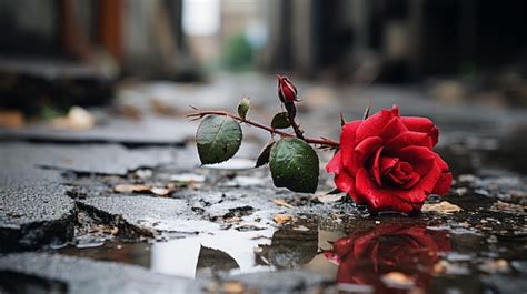 Premium Photo | A single red rose sits on the ground in a puddle