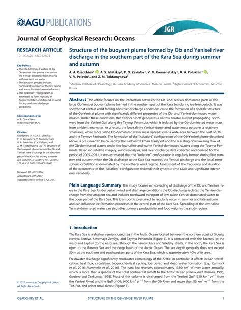 Pdf Structure Of The Buoyant Plume Formed By Ob And Yenisei River