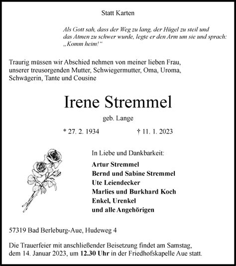 Traueranzeigen Von Irene Stremmel Trauer In NRW De