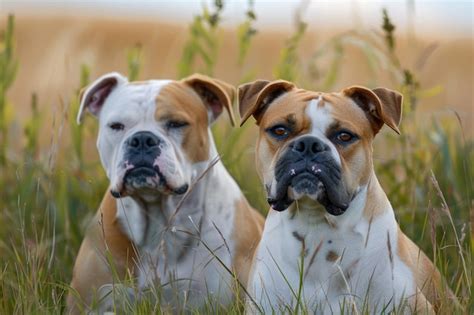 American Bulldogs Two Muscular Dogs Enjoying Summer In Nature Premium