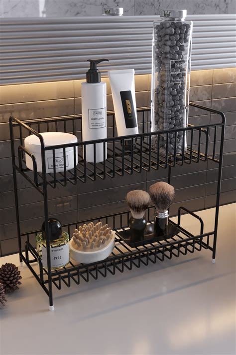 boz concept home Tezgah Üstü Raf 2 Katlı Siyah Metal Banyo Mutfak Sepet