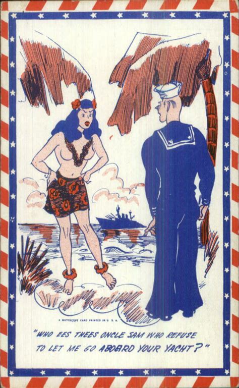 Military Comic Exhibit Card WWII Navy Sailors Sexy Semi Nude Island Girl Topics Cartoons