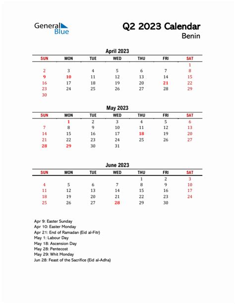 2023 Q2 Calendar With Holidays List For Benin