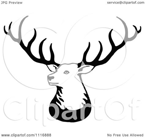 Clipart Of A Retro Vintage Black And White Stag Deer With Big Antlers Royalty Free Vector