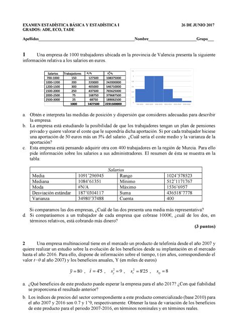 Examen Junio Examen Estad Stica B Sica Y Estad Stica I De