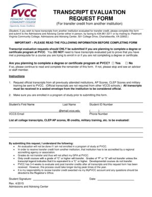 Fillable Online Pvcc Transcript Evaluation Request Form Piedmont