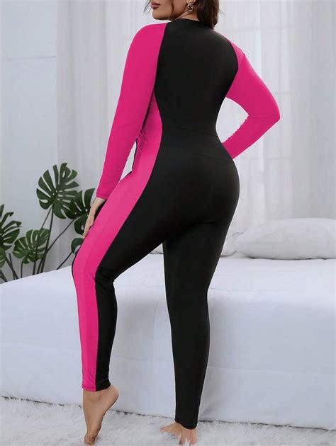 Shein Swim Mulvari Plus Colorblock Zipper Front Raglan Sleeve One Piece