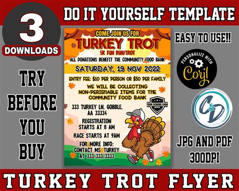 Editable And Printable Turkey Trot Flyer Template Custom Etsy