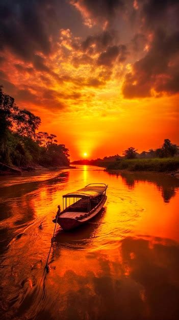 Premium AI Image | Beautiful sunset scenery on river a boat roaming ...