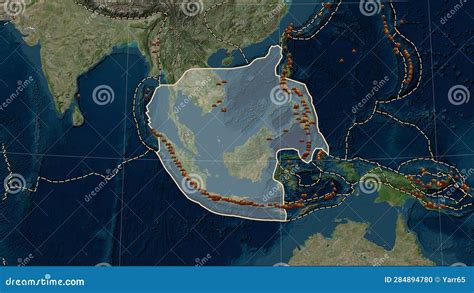 Volcanoes Around the Sunda Plate. Satellite Map Stock Illustration - Illustration of friction ...