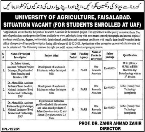 University Of Agriculture Faisalabad Uaf Jobs Job