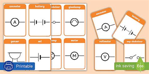 Elektriese Stroombaan Komponente en Simbole Flitskaarte