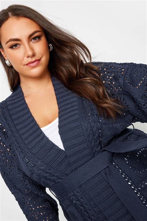 Yours Plus Size Navy Blue Pointelle Belted Cardigan Yours Clothing