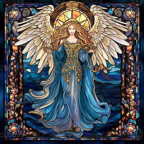 Stained Glass Angel With Wings And Blue Dress Ai Generated