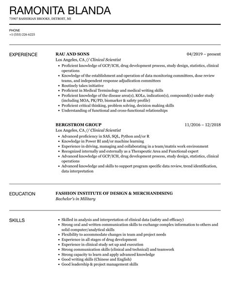 Clinical Scientist Resume Samples | Velvet Jobs