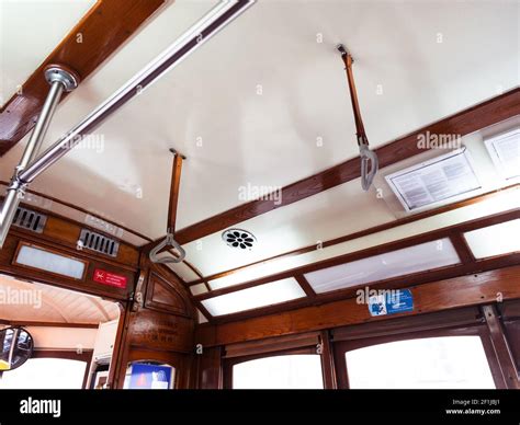 Inside view of the famous empty tram 28, roof detail, tourist ...