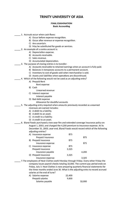 Acctg Final Exam Trinity University Of Asia Final Examination