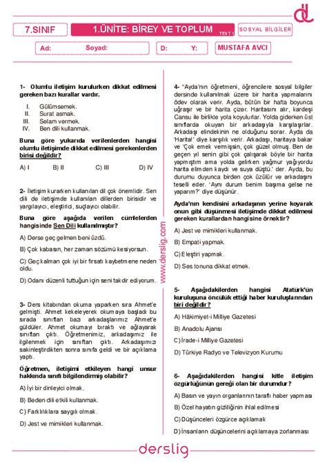 7 Sınıf Sosyal Bilgiler Birey ve Toplum Test 1 Yaprak Test Derslig