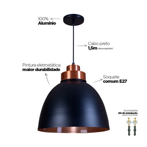 Pendente Industrial 40cm Luminária Lustre Alumínio Cobre Verniz C