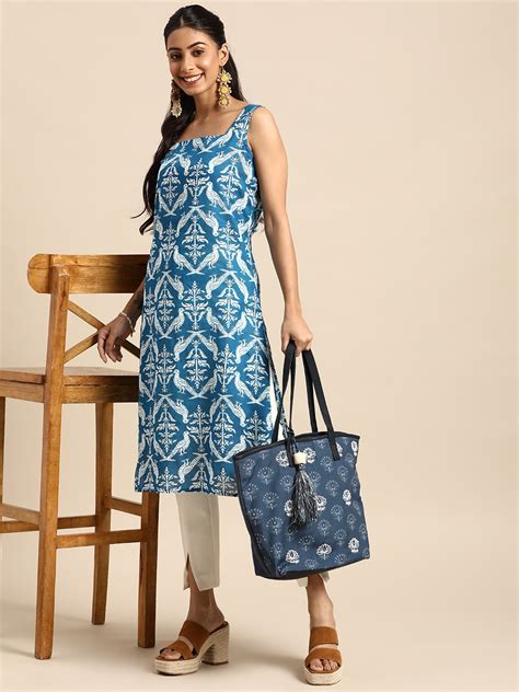 Buy Sangria Women Blue White Pure Cotton Ethnic Motifs Printed Kurta