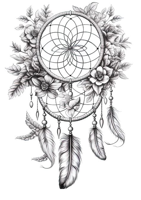 Premium AI Image | a drawing of a dream catcher with feathers and flowers.