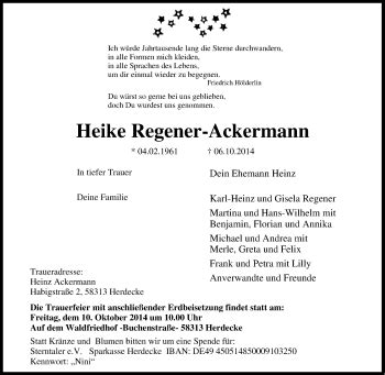 Traueranzeigen Von Heike Regener Ackermann Trauer In NRW De