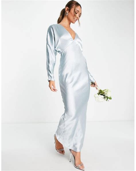 Asos Bridesmaid Satin Bias Maxi Dress With Batwing Sleeve In Blue