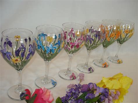 Hand Painted Iris Flower Wine Glasses Great For Bridal Party