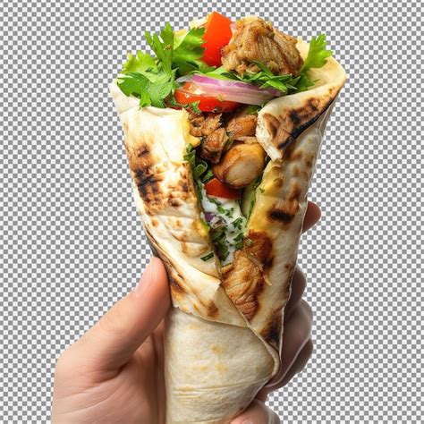 Mujer Sosteniendo Sabroso Shawarma De Pollo En Fondo Blanco Mano De