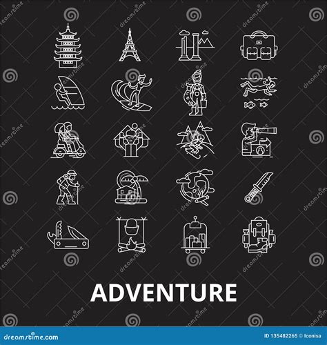 Adventure Editable Line Icons Vector Set On Black Background Adventure