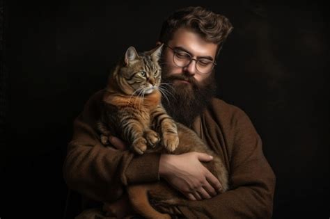 Un Hombre Con Un Gato En Sus Brazos Foto Premium