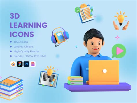 3d Learning Icon Set Flat Icons