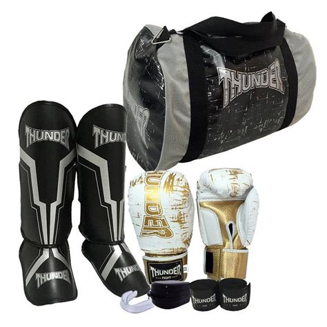 Kit Muay Thai Kickboxing Luva 10 Oz Branca Risco Dourado Caneleira