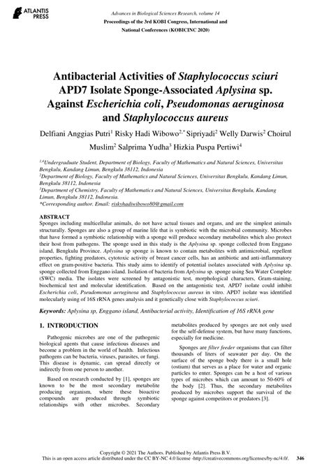 PDF Antibacterial Activities Of Staphylococcus Sciuri APD7 Isolate