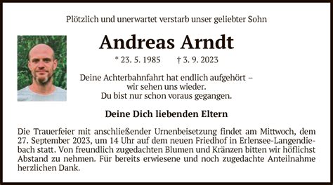 Traueranzeigen Von Andreas Arndt Trauer Op Online De