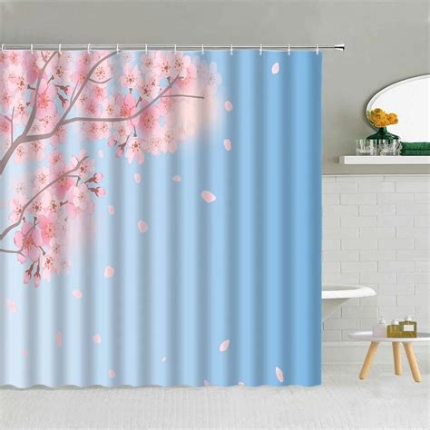 Pink Cherry Blossoms Print Shower Curtain Mount Fuji Scenery Polyester