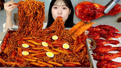 Asmr Mukbang 직접 만든 불닭 짜장 떡볶이 양념치킨 먹방 And 레시피 Fried Chicken And Fire