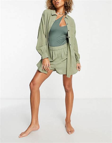 Asos Design Textured Button Through Beach Co Ord In Khaki Asos