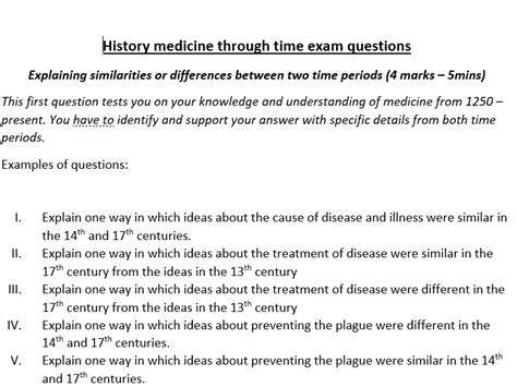 Medicine Through Time Exam Question Examples Teaching Resources