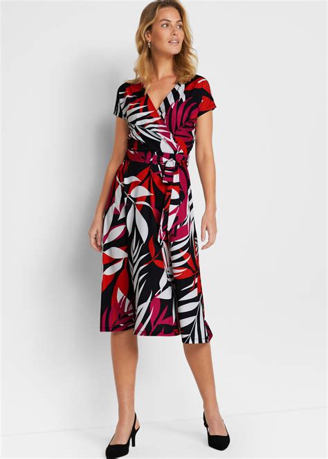 Figurumspielendes Kleid mit Allover Print und Bindegürtel schwarz