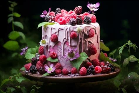 Delectable Raspberry Cake In Garden Generate Ai