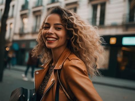 Premium Ai Image A Woman In A Leather Jacket Smiles At The Camera