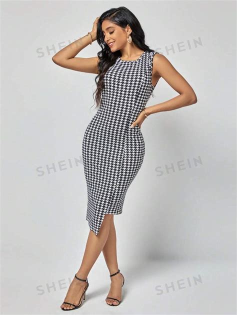 Shein Clasi Houndstooth Print Asymmetrical Hem Bodycon Dress Shein Usa