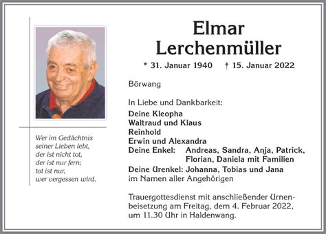 Traueranzeigen von Elmar Lerchenmüller Allgäuer Zeitung