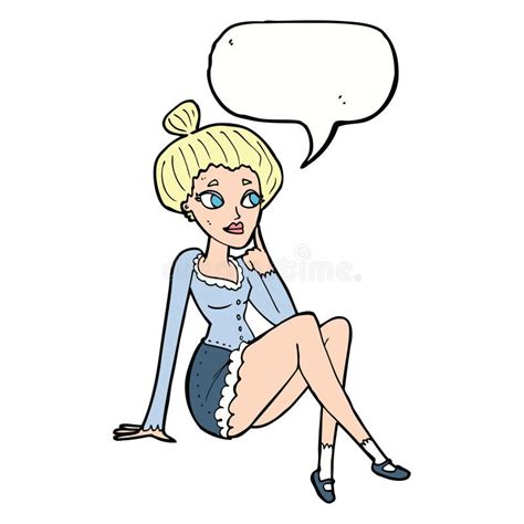 Cartoon Attractive Woman Sitting Thinking With Speech Bubble Stock