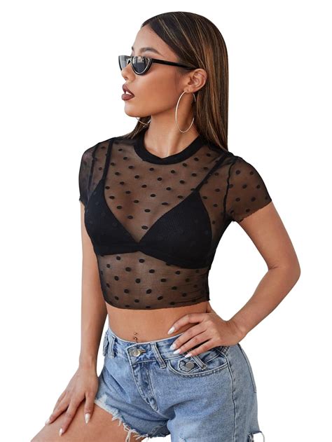 Buy Floerns Womens Sheer See Through Mock Neck Star Pattern Mesh Blouse Tops Without Bra Black