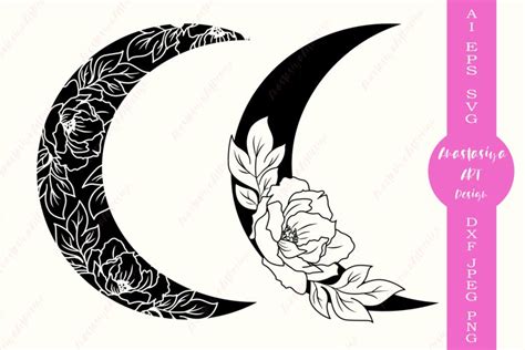 Floral Moon Svg Cut File Half Moon Crescent Moon Silhouette