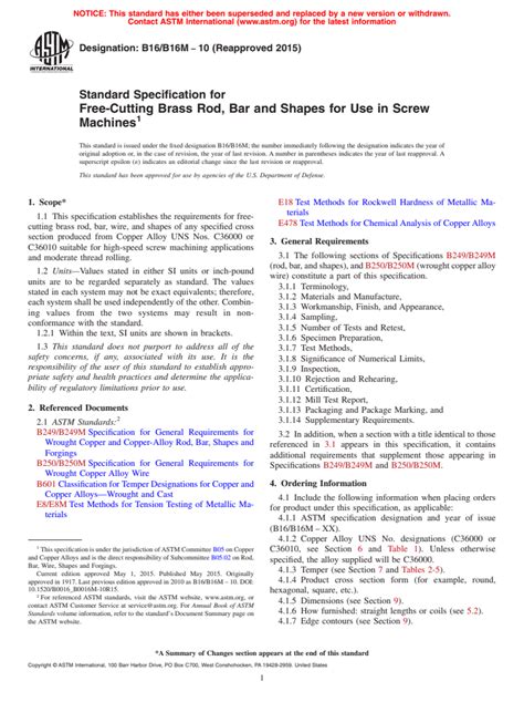 Astm B16b16m 102015 Standard Specification For Free Cutting Brass