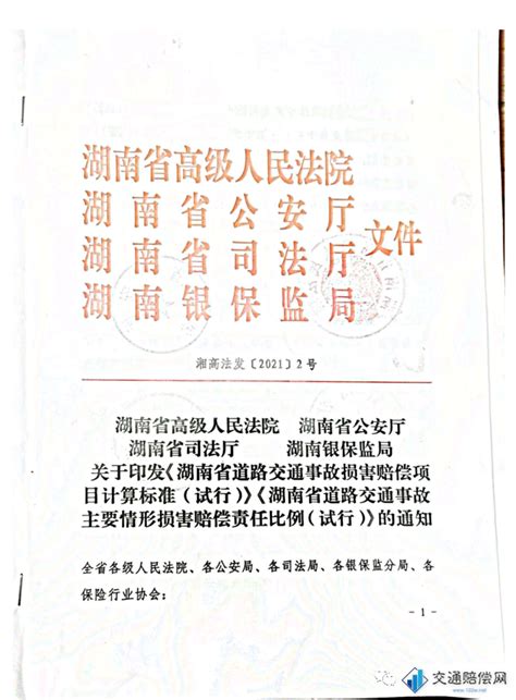 湖南交通事故损害赔偿项目计算标准和主要情形损害赔偿责任比例 交通赔偿网